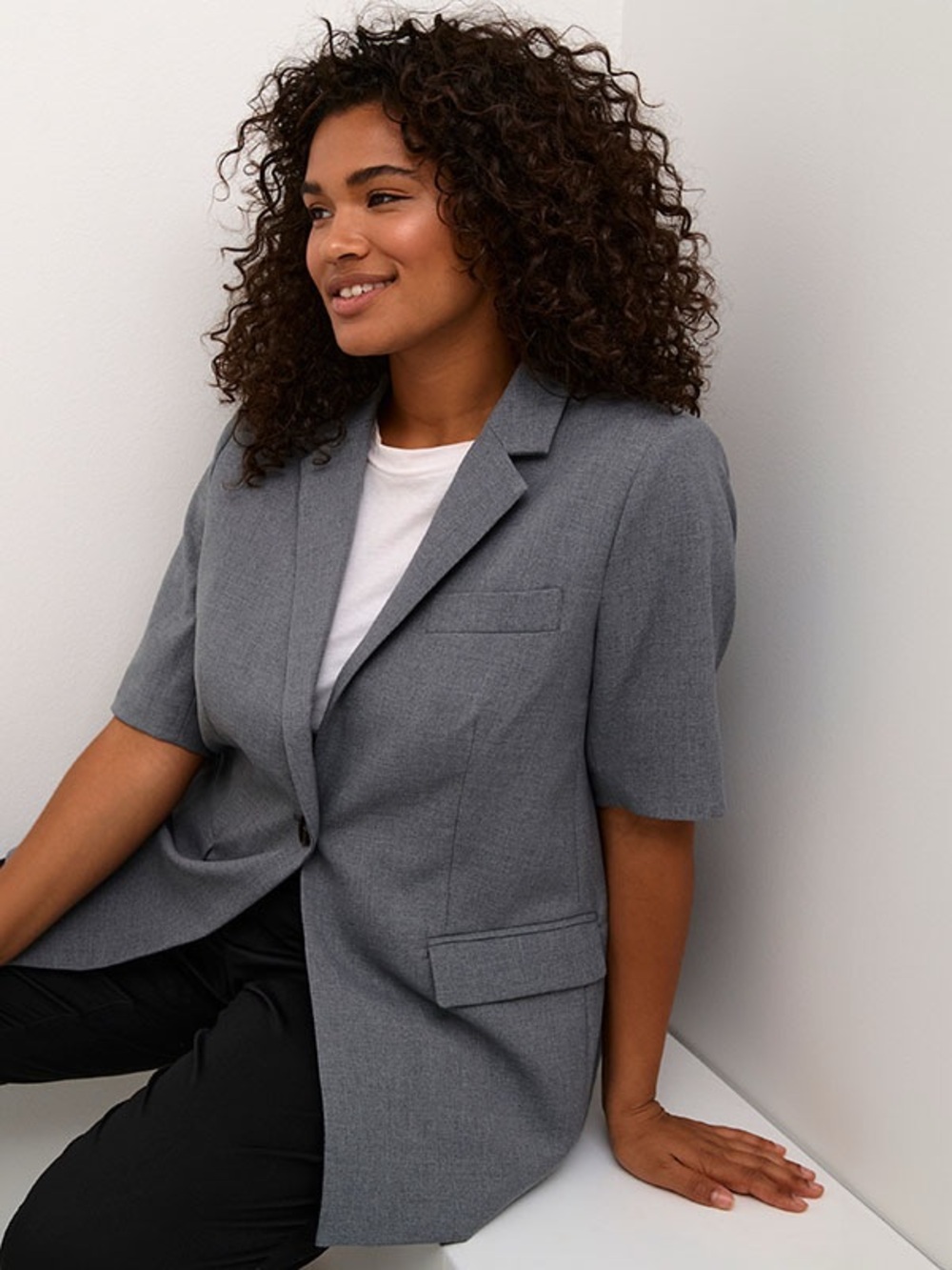 Kaffe Curve IDA Short Sleeve Grey Lightweight Classic Neutral Coat Blazer Sz 14 - Picture 4 of 16